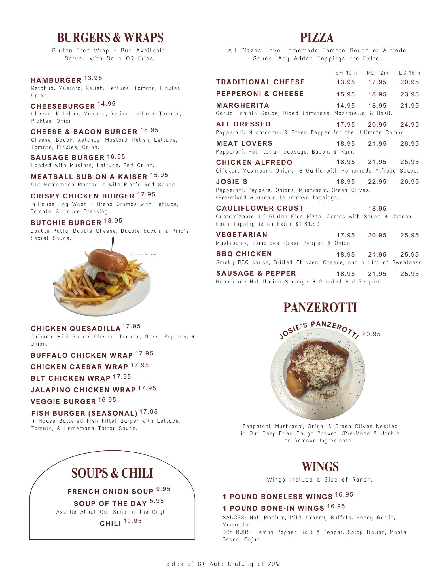 Rosie & Josie menu page: burgers, wraps, pizza, panzerotti, soups and wings