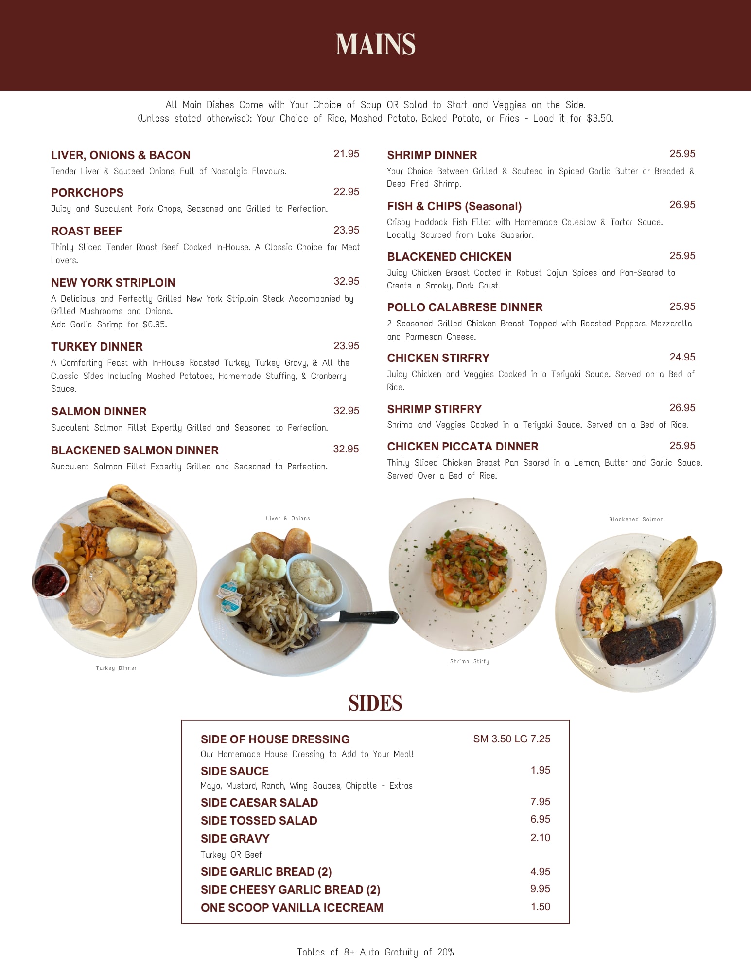 Rosie & Josie menu page: main dishes and sides