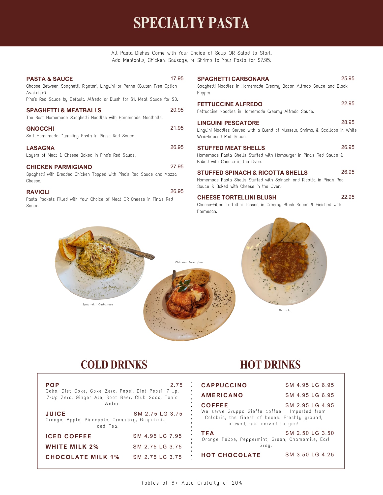 Rosie & Josie menu page: specialty pasta dishes plus cold and hot drinks