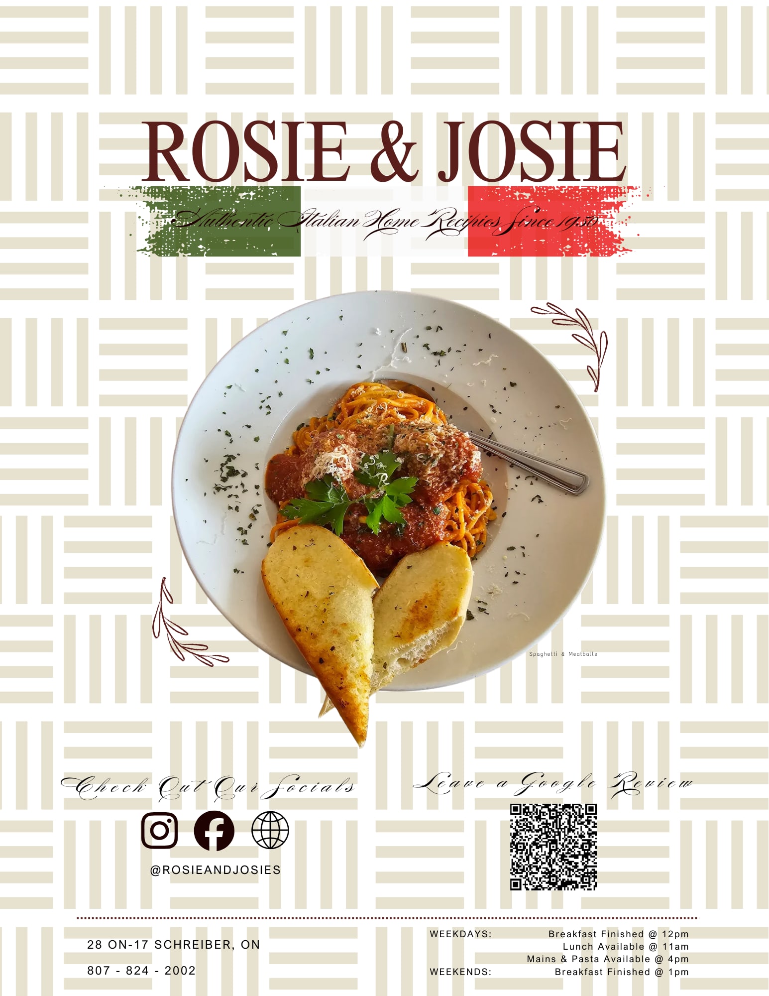 Rosie & Josie menu cover — authentic Italian home recipes since 1988, with contact details and hours
